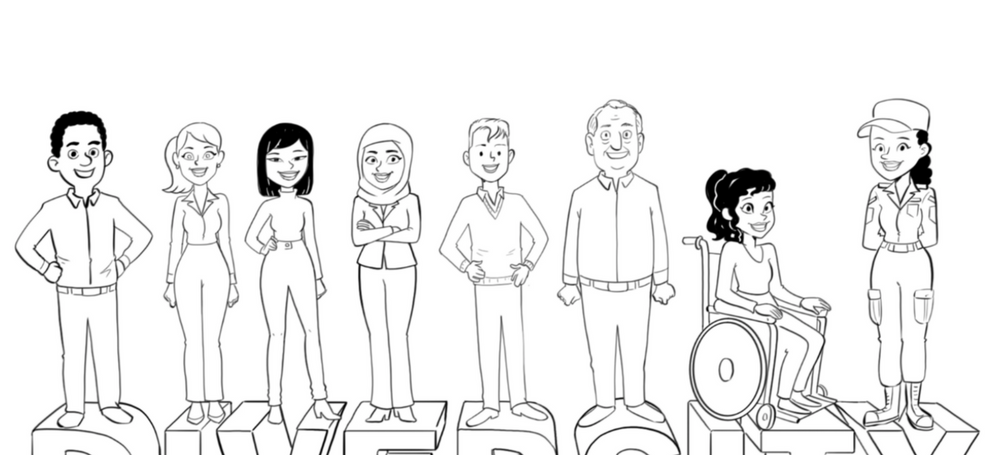 Line drawing of different people on top of the word Diversity