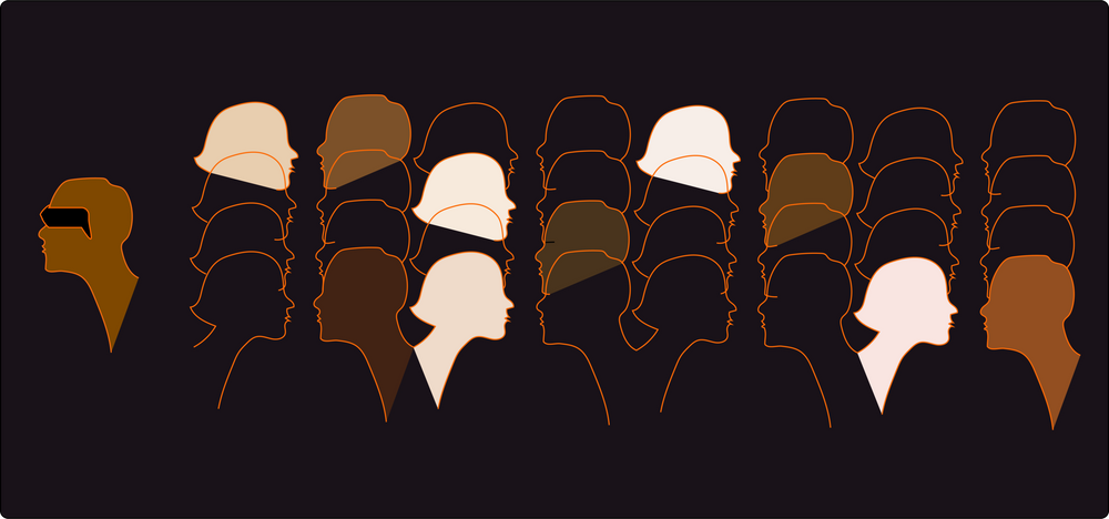 Many silhouettes of different colors facing different directions on a black background.
