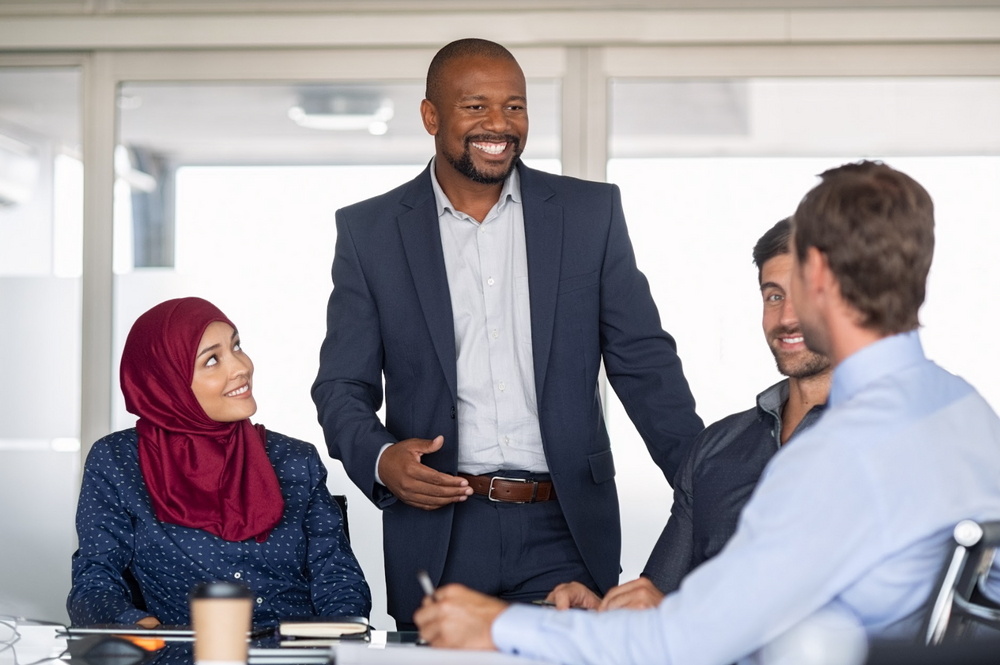 Entrepreneurs, partners and islamic woman conference in modern meeting room.