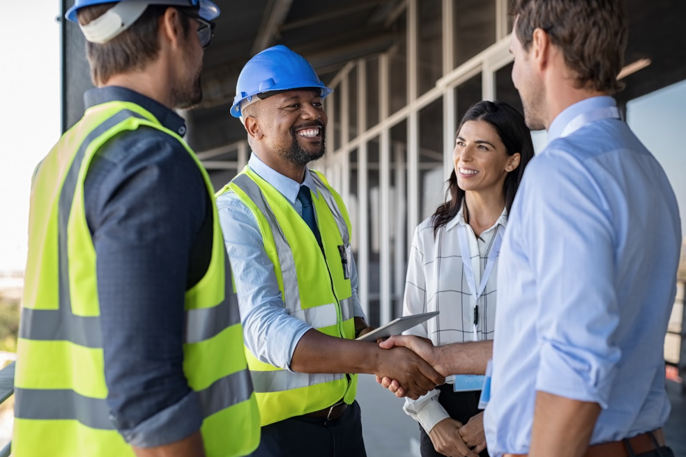 Smiling engineer shaking hands at construction site with happy architect. 