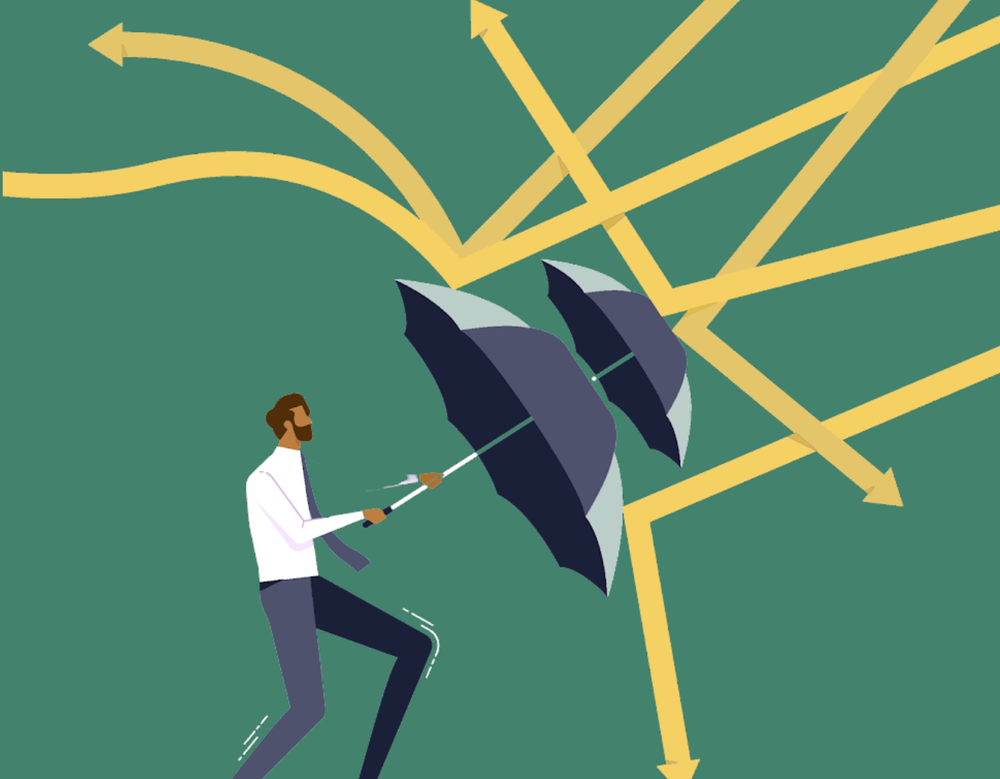 Graphic of businessman holding umbrella shielding from yellow arrows
