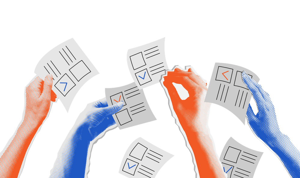 Stylized blue and red hands cast ballots on a white background