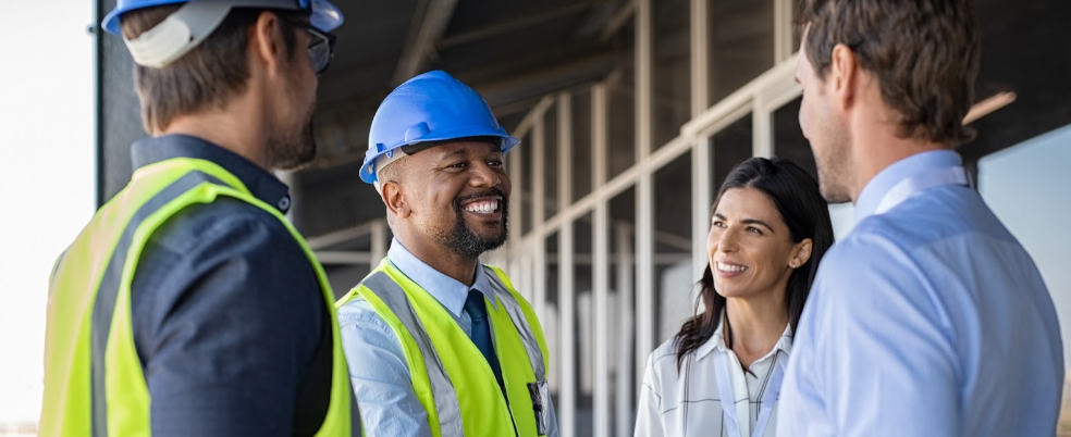 Smiling engineer shaking hands at construction site with happy architect. 