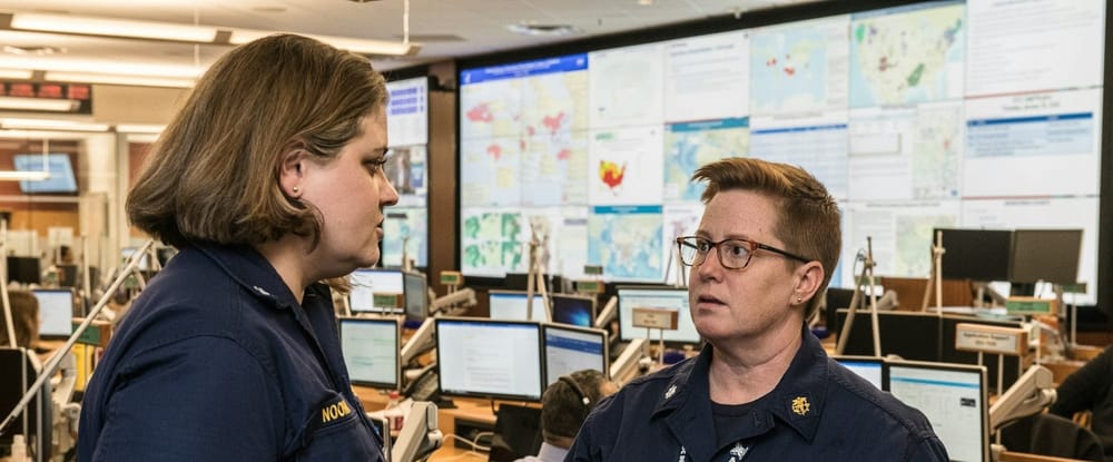 Two military officers have a conversation in an office