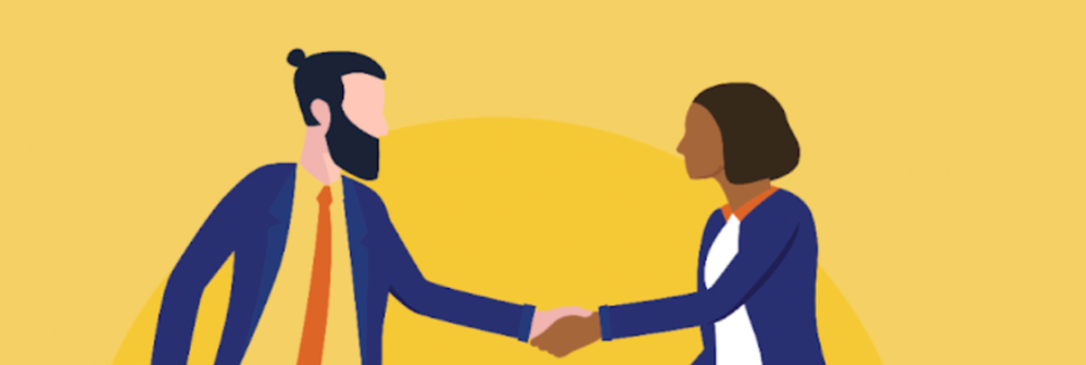 Graphic of two professions in suits shaking hands