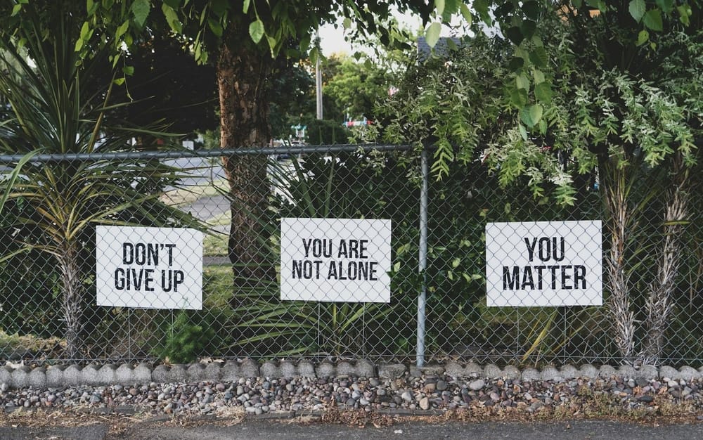 Three signs with suicide prevention messages hang on a fence. They read "Don't Give Up," "You are Not Alone," and "You Matter."